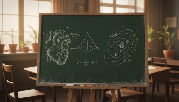 Empty classroom with chalkboard sketch of human heart geometry and solar system highlighting interdisciplinary science math lesson in warm afternoon light