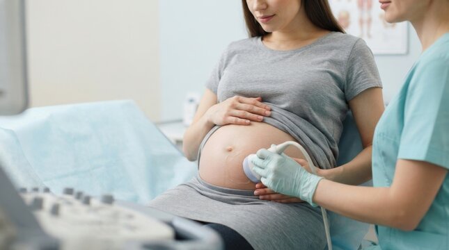 Healthcare worker performing ultrasound on pregnant woman. Prenatal checkup with transducer in medical clinic