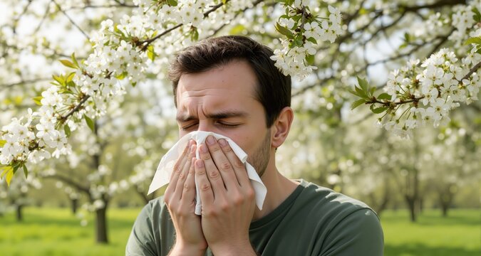 Man with paper tissue suffering from seasonal pollen allergy near blossoming tree on spring day, space for text
