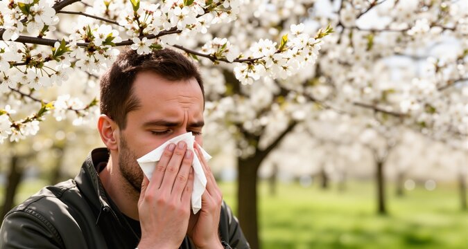 Man with paper tissue suffering from seasonal pollen allergy near blossoming tree on spring day, space for text

