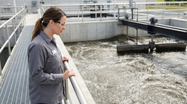 Female technician monitoring a water treatment flocculation basin. Industrial worker observing purification process at a municipal plant. Water treatment facility concept
