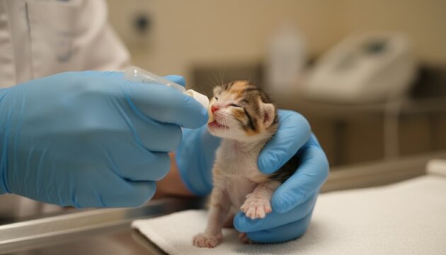 Newborn kitten being bottle fed at veterinary clinic symbolizing animal care compassion and rescue awareness trend