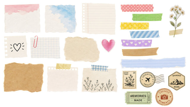 Scrapbook paper elements and washi tape set. Decorative stationery stickers for journaling.