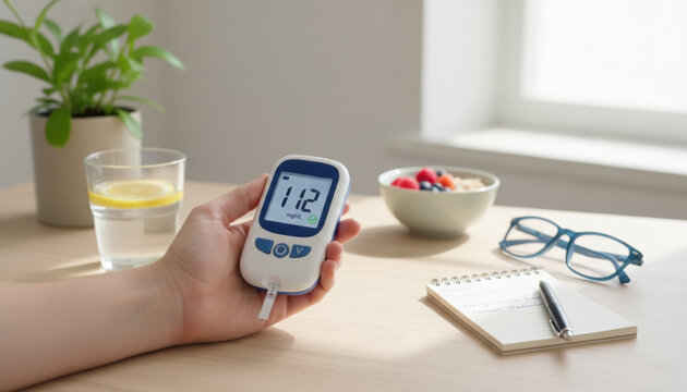 A handheld glucose meter on a bright table scene reflects personal health monitoring, daily wellness routine and modern medical awareness