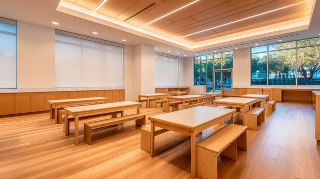 A bright, modern room featuring wooden tables and benches with ample windows for natural light