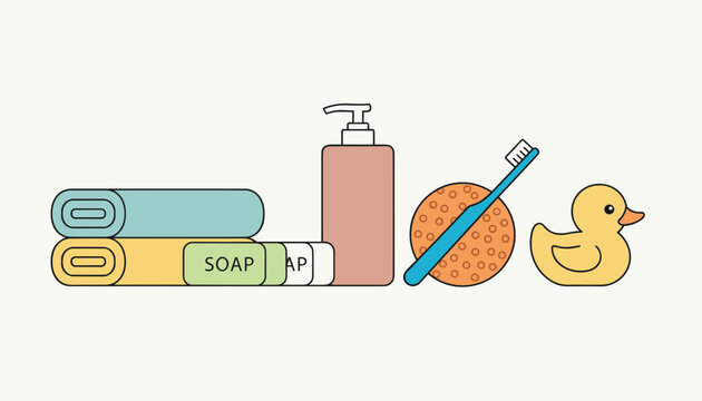 Essential bathroom items including folded towels bar soap liquid lotion a sponge toothbrush and a yellow rubber duck.