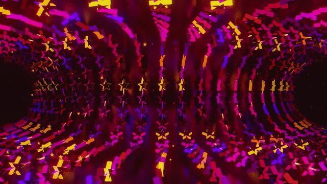 Seamless VJ loop with glowing neon stars abstract structure and psychedelic motion for high-tech club visuals, electronic music festivals, stage screens and for LED video walls