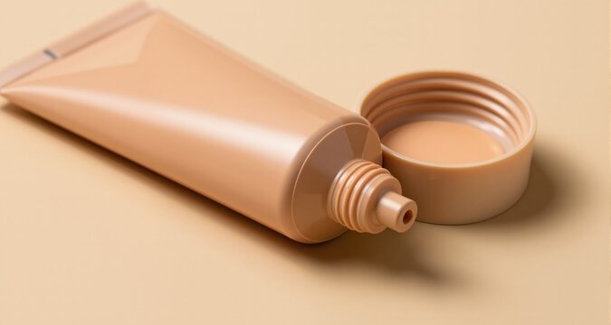Skin foundation in tube and lid on beige background, closeup

