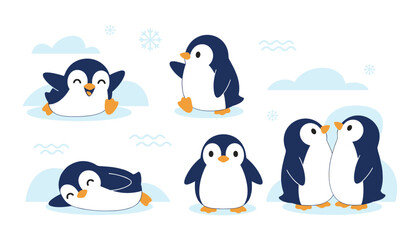 Obraz premium Collection of cute cartoon penguins in various poses like walking sliding standing and kissing on a winter ice shelf.