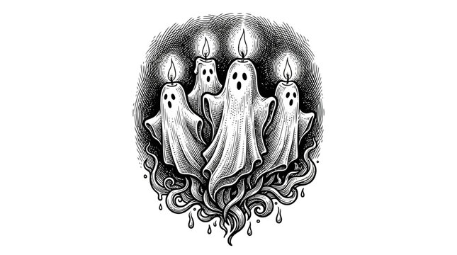 Three ghost candles with burning flames engraving