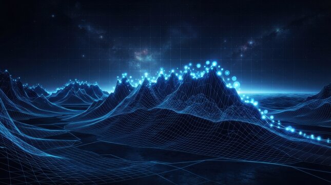 Digital wireframe mountain range landscape with glowing peaks in dark night setting.