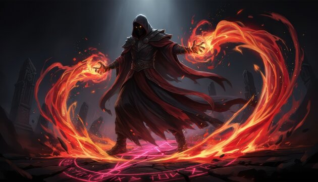 Evil hooded warlock wizard casts a dark fire magic spell, surrounded by glowing arcane symbols on a cracked stone floor