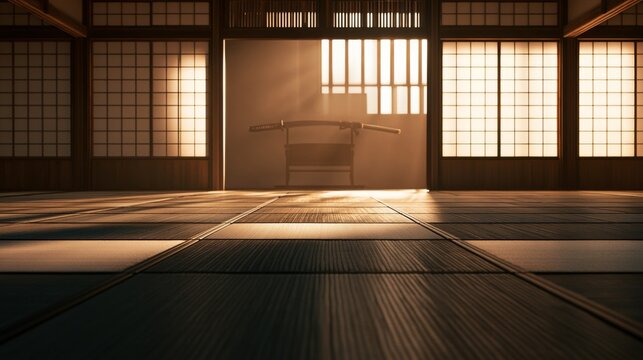 Traditional Japanese dojo with katana displayed on a stand in warm sunlight