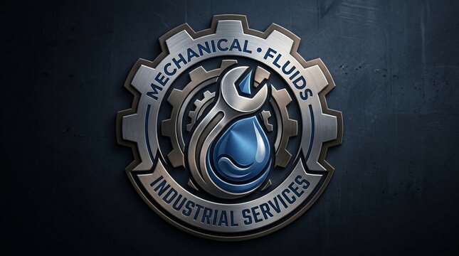 Creative trade emblem showing an integrated metallic tool and a fluid droplet combined with a mechanical cog wheel plumbing engineering service logo icon water drop gear wrench spanner