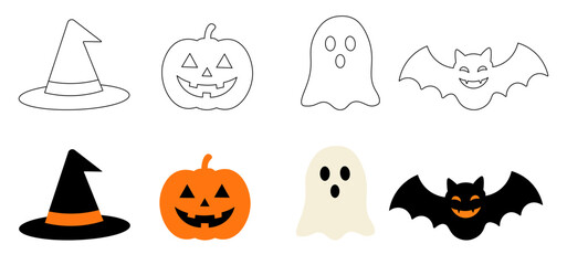 Fototapeta premium Set of cute Halloween icons outline and flat color vector illustration