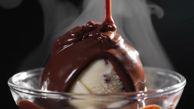 Smooth dolly shot gliding toward a scoop of creamy vanilla bean ice cream as rich, hot dark chocolate fudge is poured generously over it, causing the sauce to harden while delicate steam rises up.