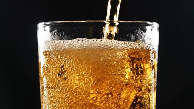 Golden amber soda pours into a tall glass filled with crushed ice, creating refreshing condensation and effervescent bubbles under high-contrast commercial lighting against a dark background.