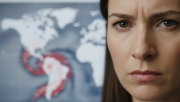 Serious woman watches hurricane tracking map in crisis room, showing storm warning, evacuation concern and coastal disaster planning.