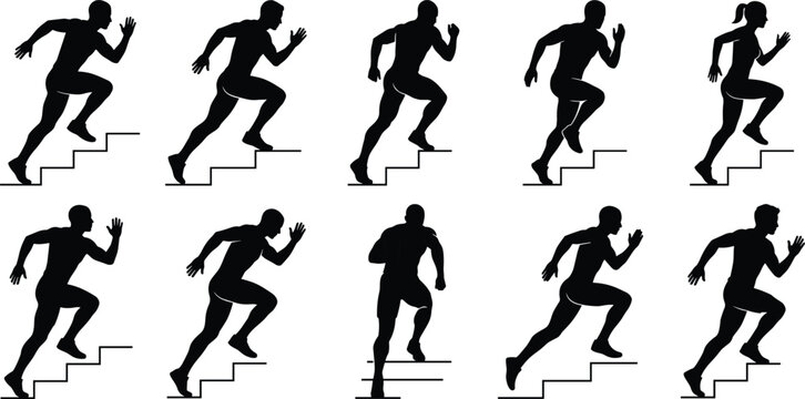 Silhouettes of people running up stairs in different poses