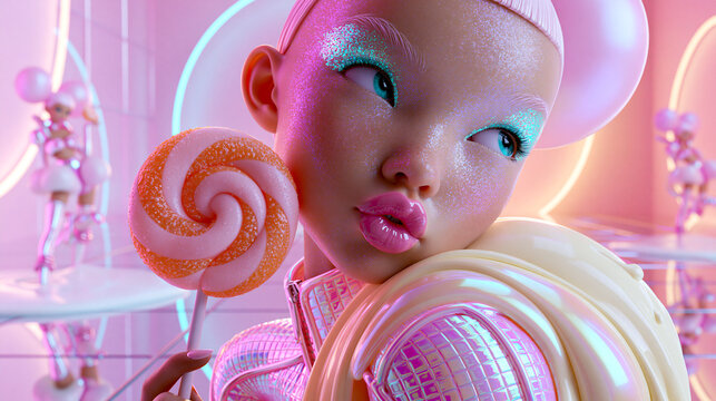 Fantasievolle Figur mit rosa Make-up h&auml;lt orangefarbenen Lollipop