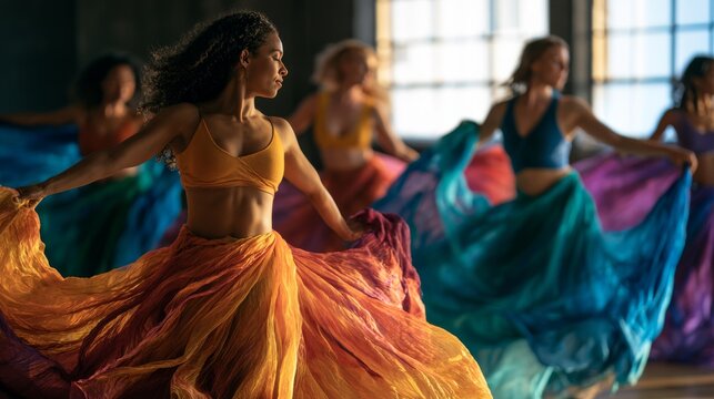 Diverse women gracefully dancing in flowing colorful skirts with vibrant energy