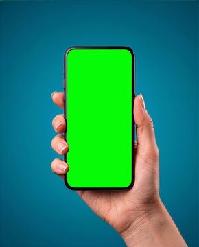 Hand Holding Smartphone with Green Screen Mockup Isolated on Clean Background for Mobile App Presentation