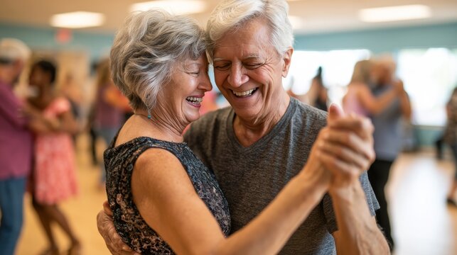 Joyful senior couple dancing together with laughter and affection in a class