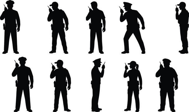 Black silhouettes of police officers using radio walkie talkies