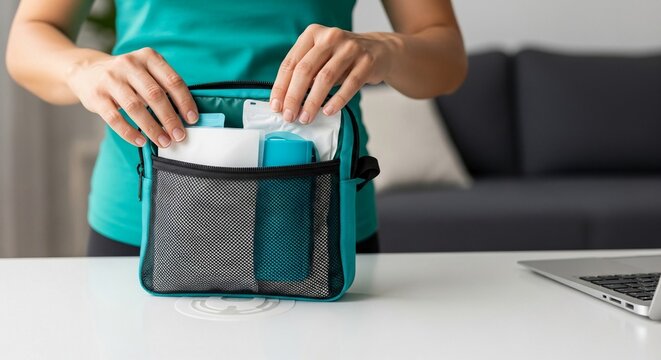 A patient diligently organizing their ostomy care supplies within a teal bag, promoting personal health and preparedness.