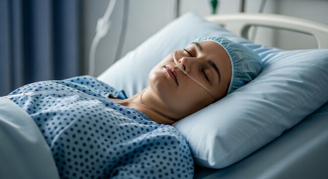 A young woman peacefully sleeping while receiving medical care in a hospital bed with oxygen nasal cannula