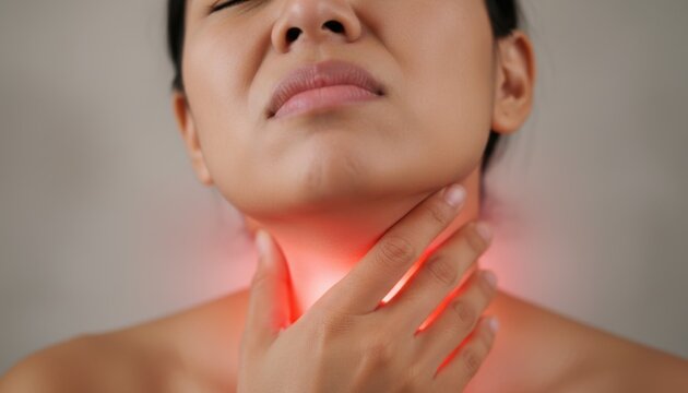 Woman feeling sharp pain in throat area with red glow effect highlighting medical symptom often associated with infection or sore condition