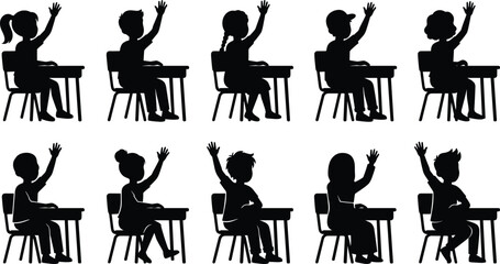 Fototapeta premium Silhouettes of school children sitting at desks raising hands