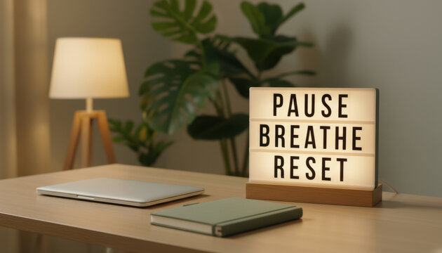 Mental health lightbox on office desk with pause breathe reset message for workplace wellness and burnout prevention