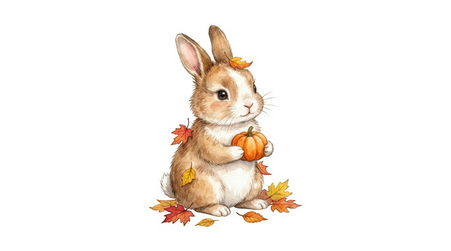 Cute watercolor baby rabbit holding a small pumpkin surrounded by autumn leaves, fall harvest illustration isolated on transparent background