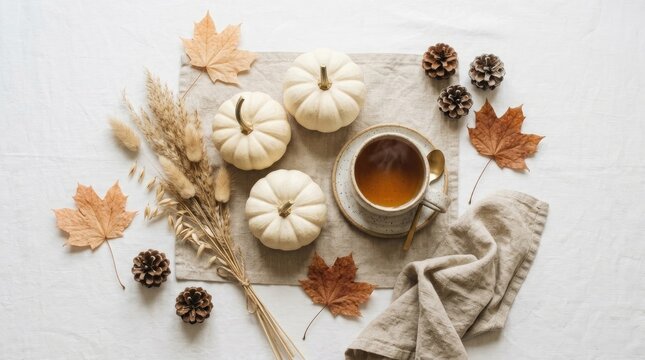 Cozy autumn still life white pumpkins tea and fall leaves on linen seasonal decor