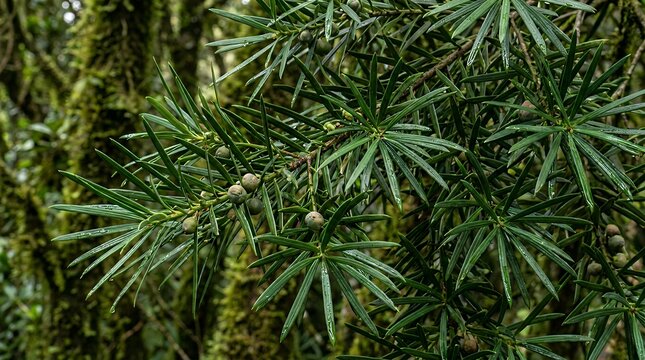 Evergreen coniferous foliage backdrop tropical hardwood species known as sea teak botanical close-up of podocarp foliage dense pine-like needle leaves in a natural woodland setting exotic timber