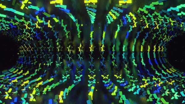 Seamless VJ loop with glowing neon stars abstract structure and psychedelic motion for high-tech club visuals, electronic music festivals, stage screens and for LED video walls