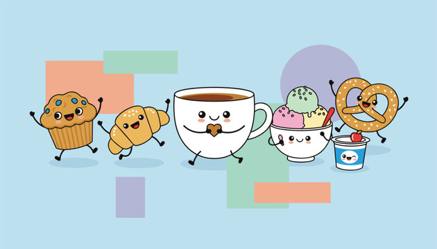 Set of adorable kawaii food characters including a muffin, croissant, coffee cup, ice cream, and pretzel dancing happily together.