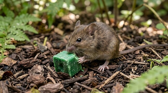 A wild wood mouse eating a green rodenticide bait block in a garden setting