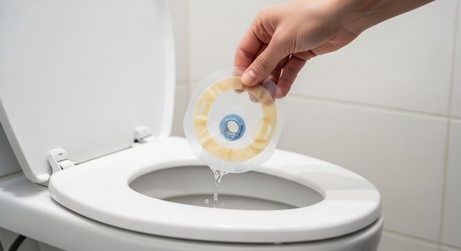 Close-up of hand emptying an ostomy appliance into a toilet bowl with water