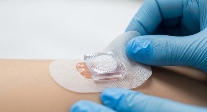 Close-up of hands in blue gloves applying a hydrocolloid dressing to skin