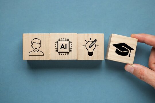 Hand holding wooden AI innovation blocks with icons. Creative professional brainstorming artificial intelligence solutions using tactile concept cu...