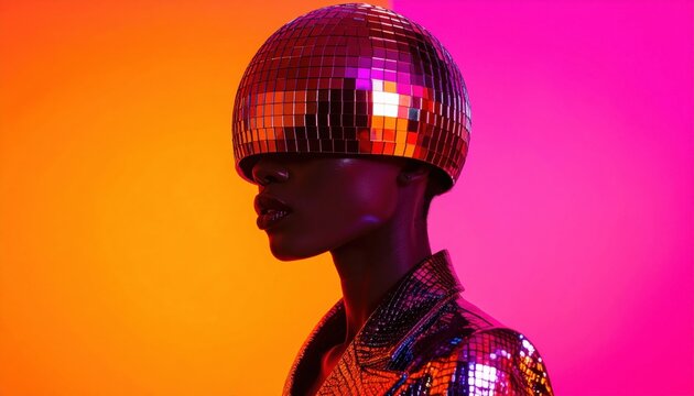 A futuristic fashion portrait featuring a model in a mirrored helmet wearable device