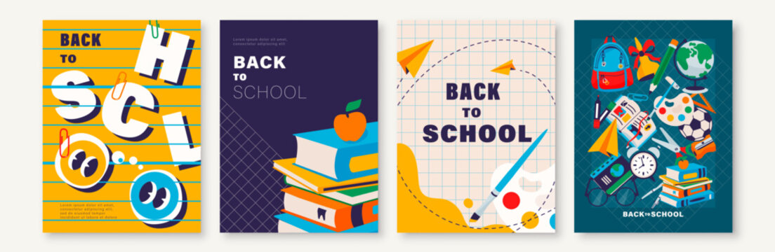 Back to school posters set with school supplies and typography. Vector templates for educational banners, notebooks, covers, flyers with cute cartoon icons, isolated on grey background