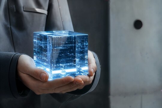 Close up of a glowing blue transparent data cube held by a person in a gray uniform, brutalist concrete background, cold sterile light, macro photography.
