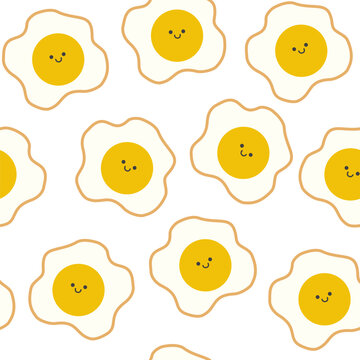 Cute seamless fried egg pattern featuring smiling sunny side up eggs in a minimalist hand-drawn style.