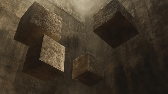 Floating stone cubes in a dark, textured room.