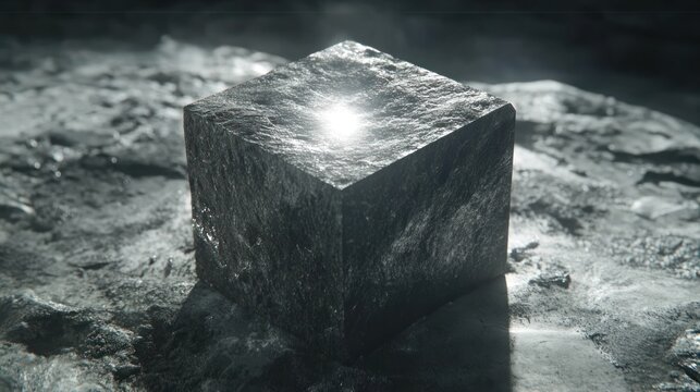 Glowing metallic cube on rough surface.