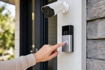 Naklejka premium Close-up of a person pressing the button on a modern smart doorbell with security camera.