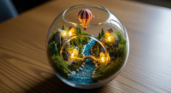 Magical miniature world in a glass terrarium with balloon.